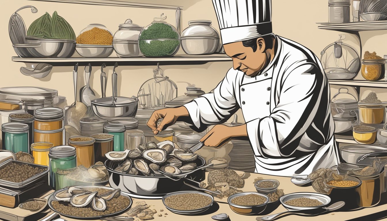 A chef opens a can of oysters, surrounded by various spices and cooking utensils. The kitchen is bustling with activity as the chef prepares to create a culinary masterpiece