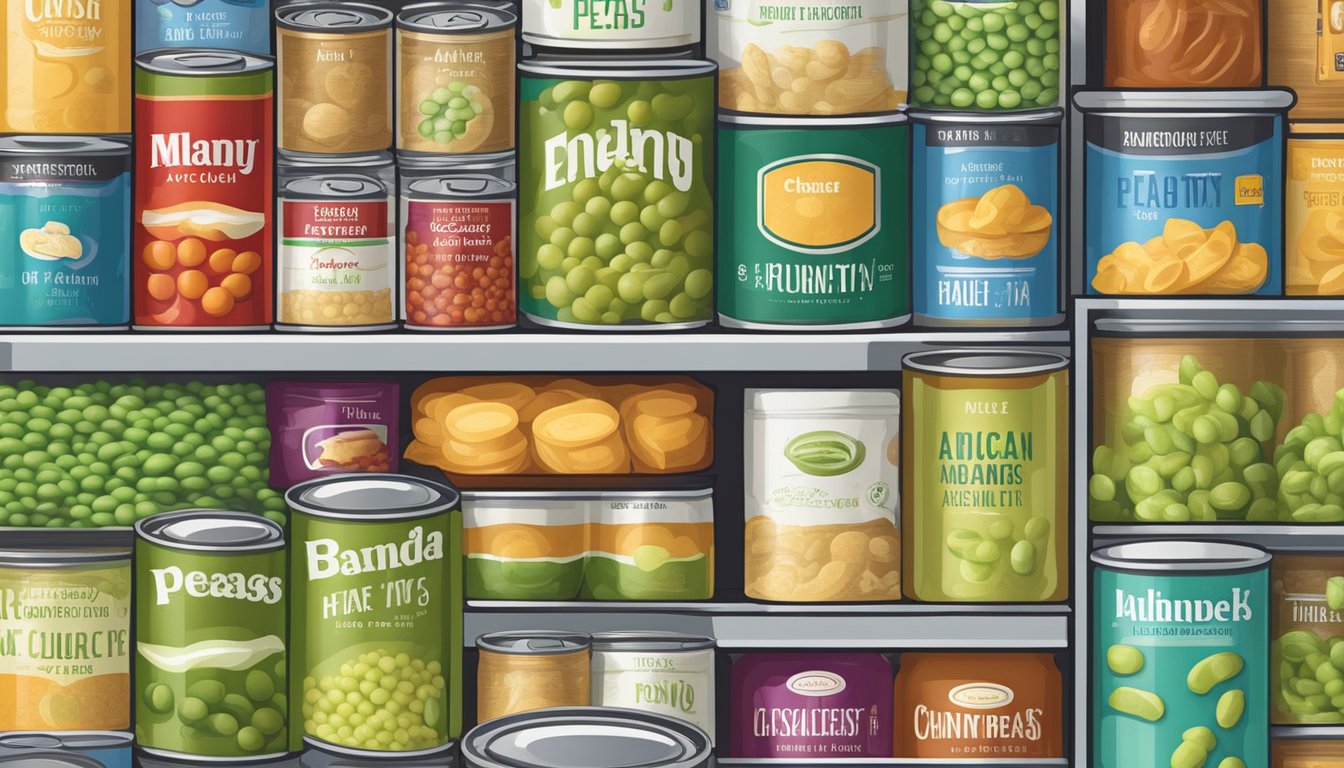 A pantry shelf with assorted canned goods, including cans of peas, with expiration dates visible