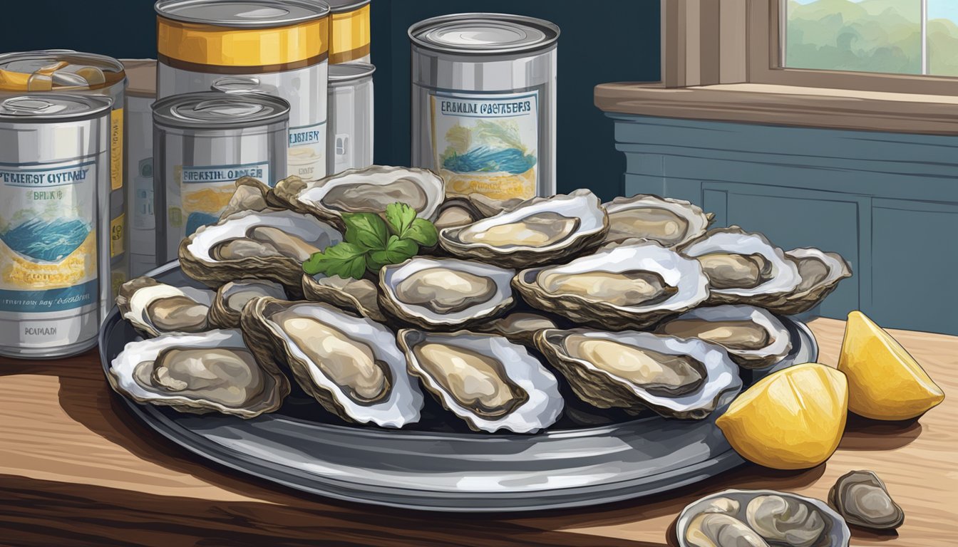 A pile of fresh oysters sits next to a row of canned oysters. The fresh oysters are plump and glistening, while the canned oysters are neatly stacked with their labels facing forward