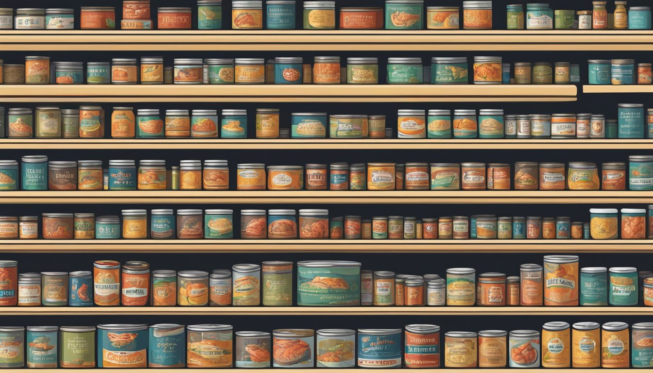 A pantry shelf with rows of canned lobster, some with expired dates, others still within their shelf life