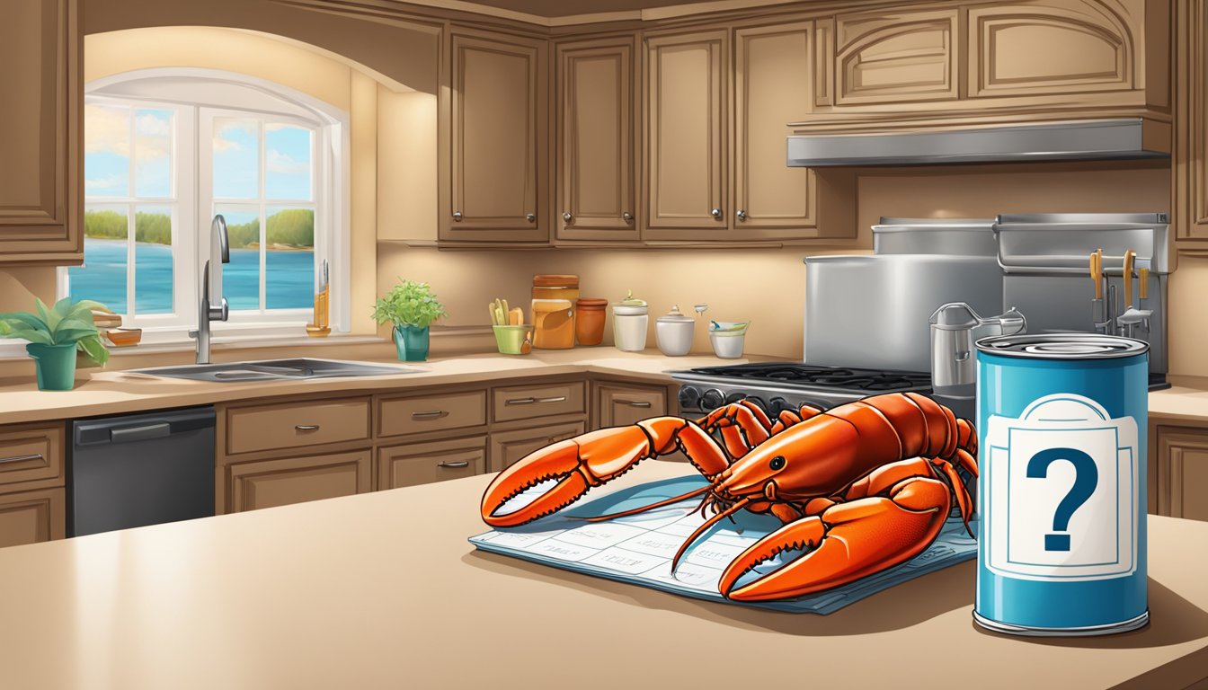 A kitchen counter with a can of lobster, a calendar, and a question mark