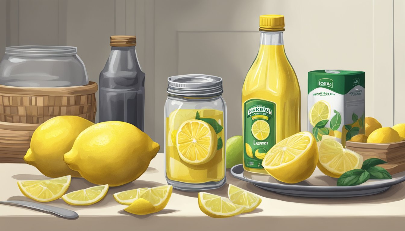 A bottle of lemon juice sits on a shelf, surrounded by other food items. Some of the items are starting to spoil, while the lemon juice remains fresh