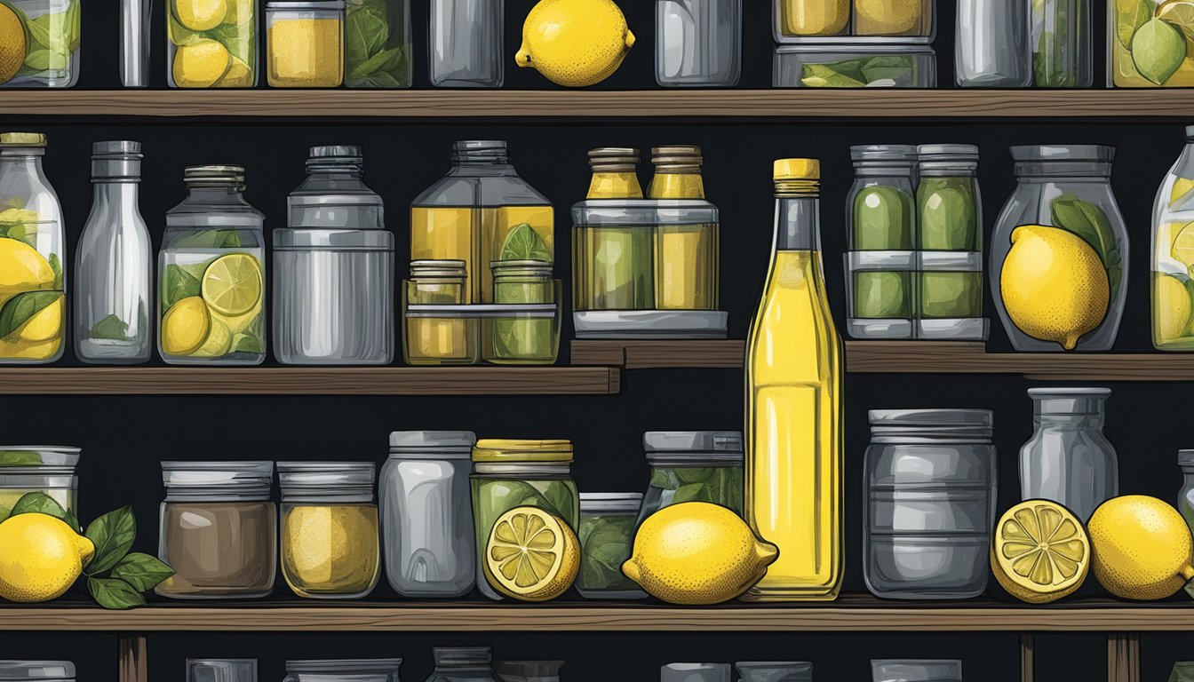 A bottle of lemon juice sits on a shelf next to other pantry items, in a cool, dark, and dry storage area