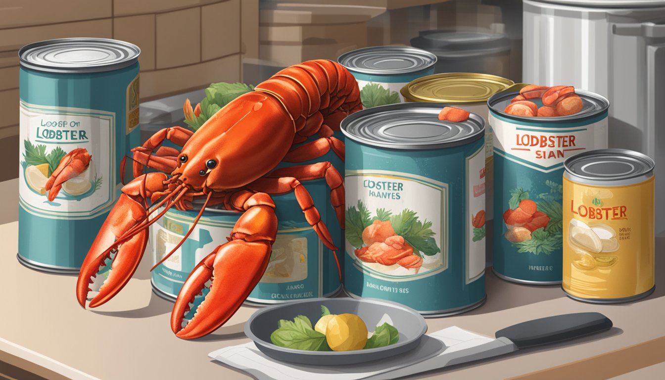 A can of lobster sits on a kitchen counter, surrounded by other canned goods. The expiration date is clearly visible on the label