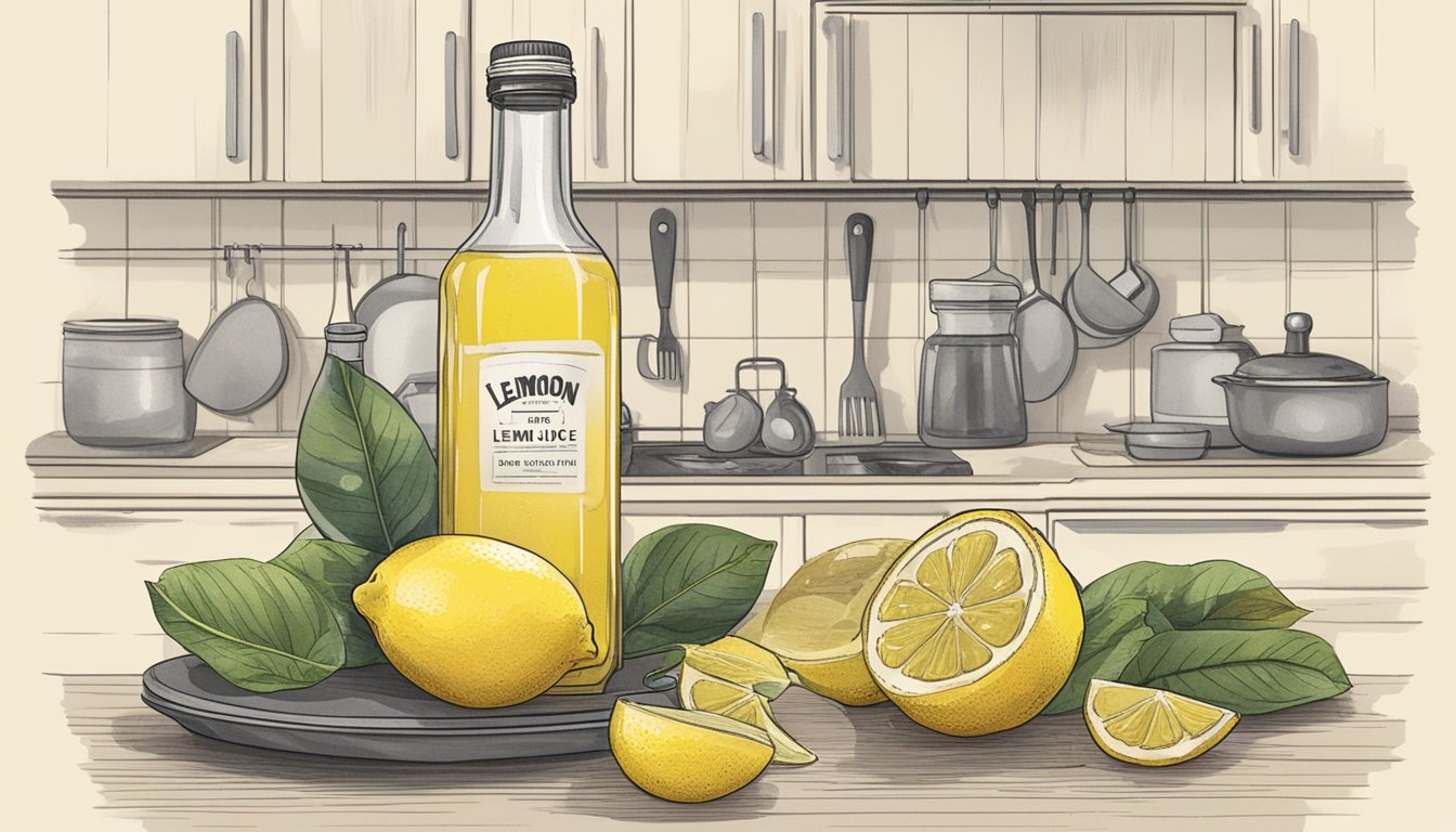 A bottle of lemon juice sits on a kitchen counter, surrounded by various cooking utensils and ingredients. The label on the bottle is faded, suggesting it has been there for a while