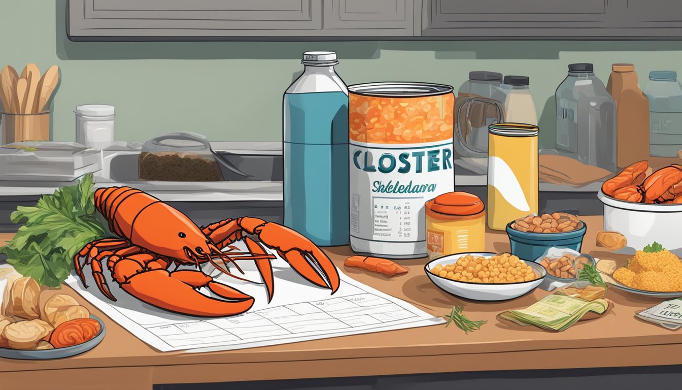 A kitchen counter with a can of lobster, surrounded by various expired food items and a calendar showing the current date