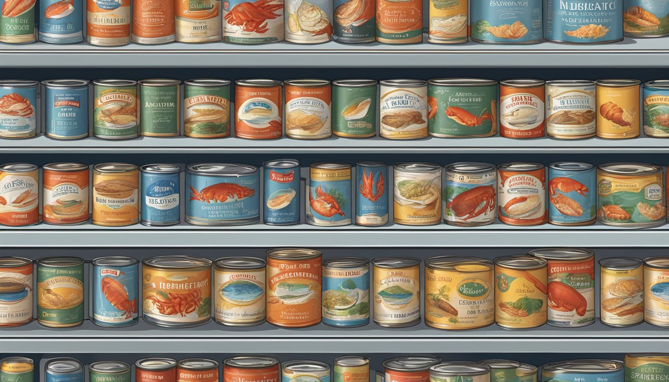 A variety of canned seafood, including lobster, arranged on a shelf with expiration dates visible