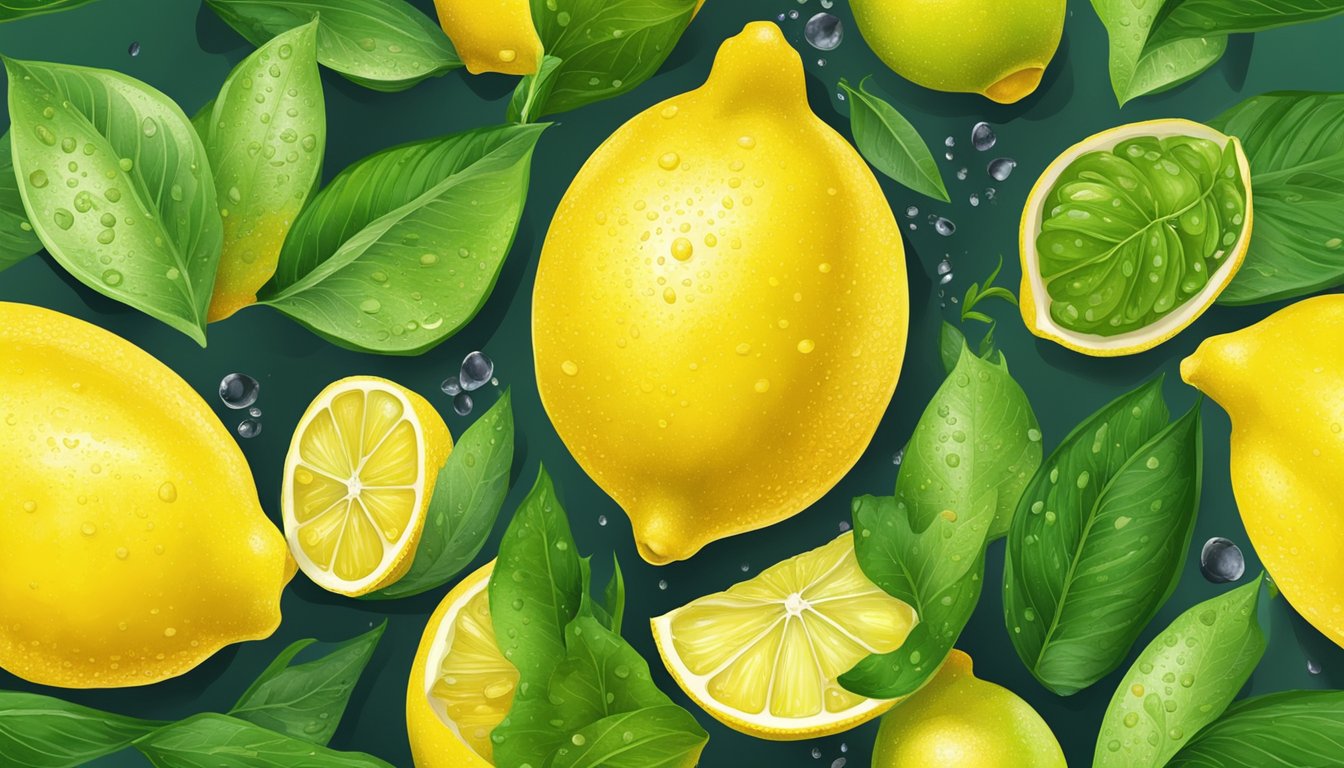 A vibrant yellow lemon with a droplet of juice on its surface, surrounded by fresh green leaves and a few scattered seeds