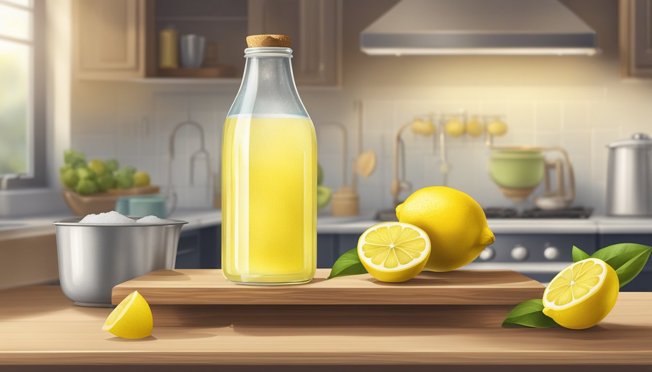 A glass bottle of lemon juice sits on a kitchen shelf, surrounded by fresh lemons and a small bowl of sugar