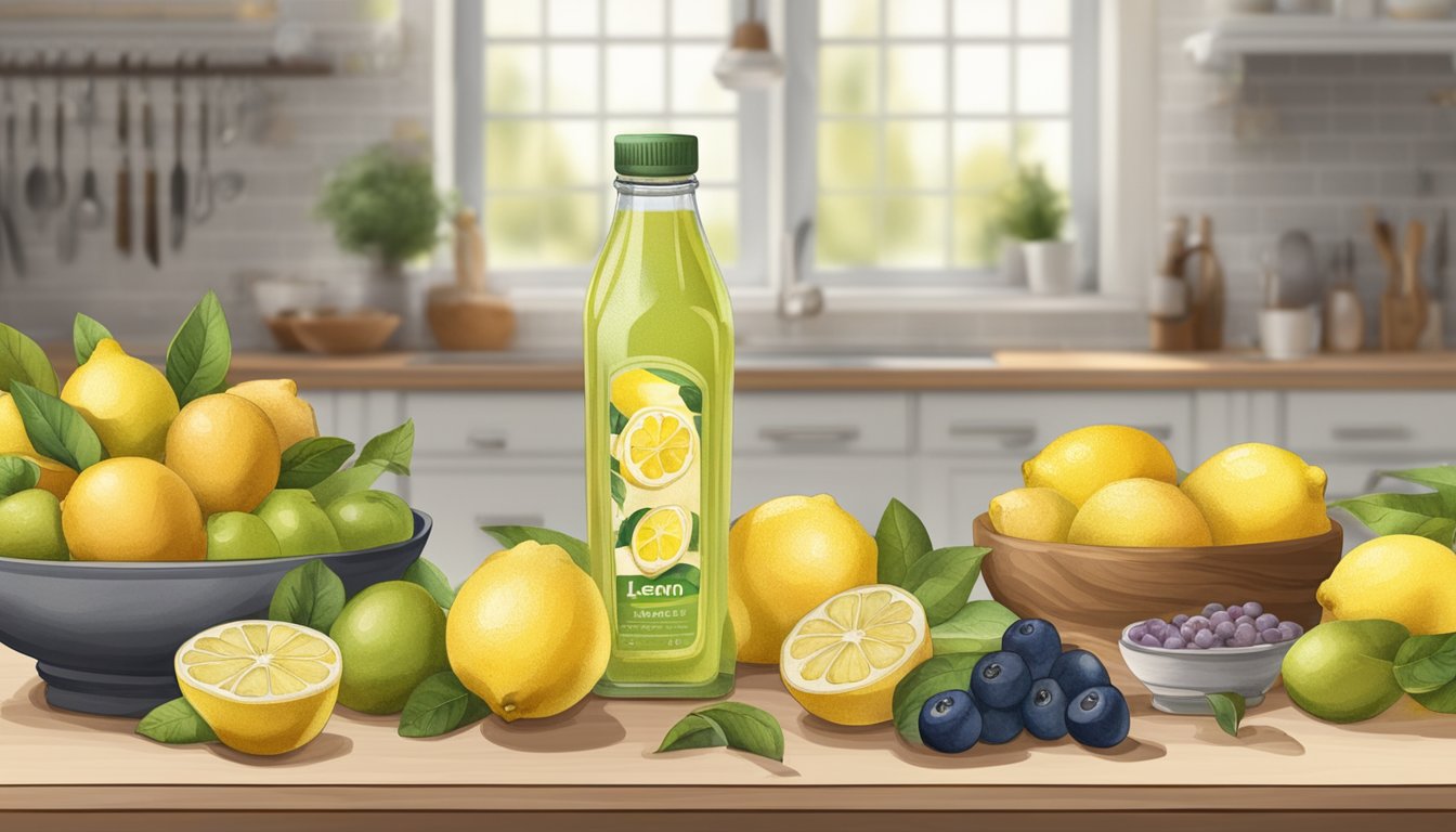 A bottle of lemon juice sits on a kitchen counter, surrounded by various fruits and ingredients. The label on the bottle is faded and stained