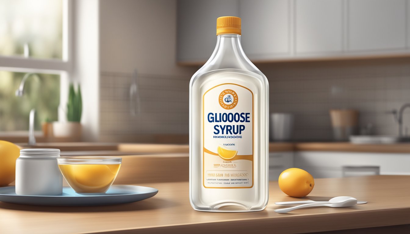 A clear bottle of glucose syrup with a label, placed on a clean, well-lit kitchen counter