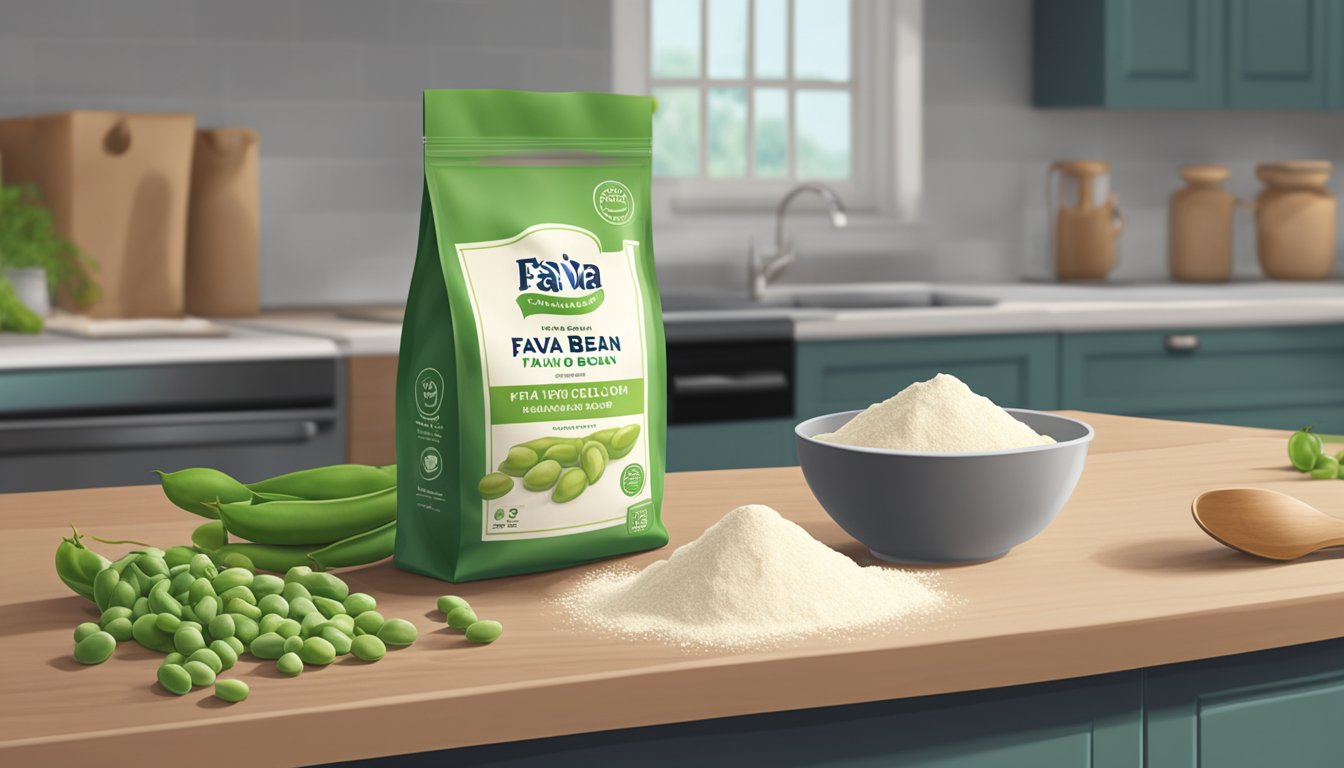 A bag of fava bean flour sits on a kitchen counter, with the expiration date clearly visible. Nearby, a bowl of fresh fava beans adds context