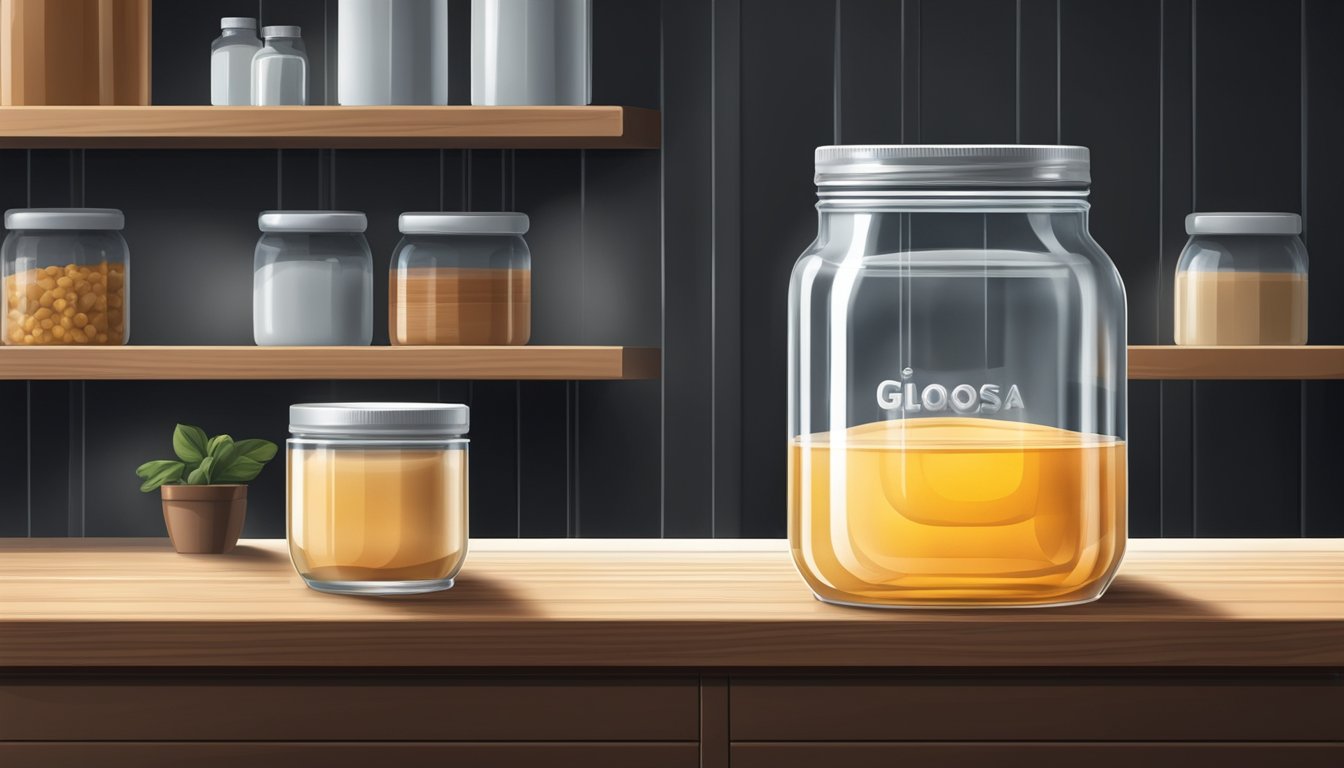 A glass jar of glucose syrup sits on a shelf in a cool, dark pantry, away from direct sunlight and heat sources