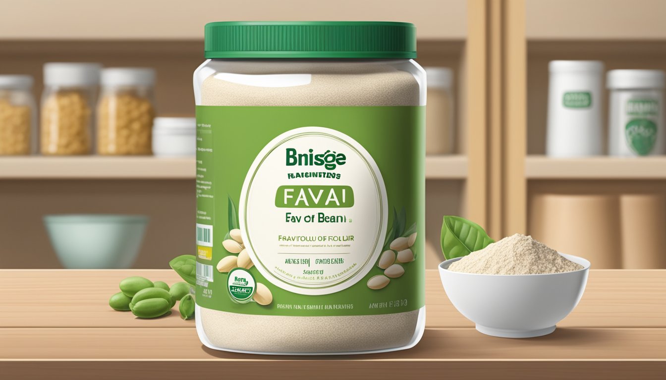 A bag of fava bean flour sits on a pantry shelf, with a clear expiration date label visible