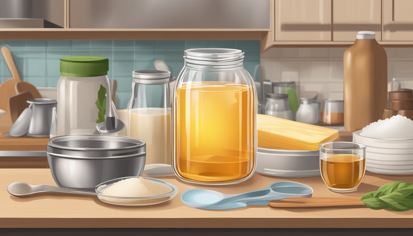 A glass jar of glucose syrup sits on a kitchen counter, surrounded by various ingredients and cooking utensils. The syrup appears slightly discolored and has a faint, unpleasant odor