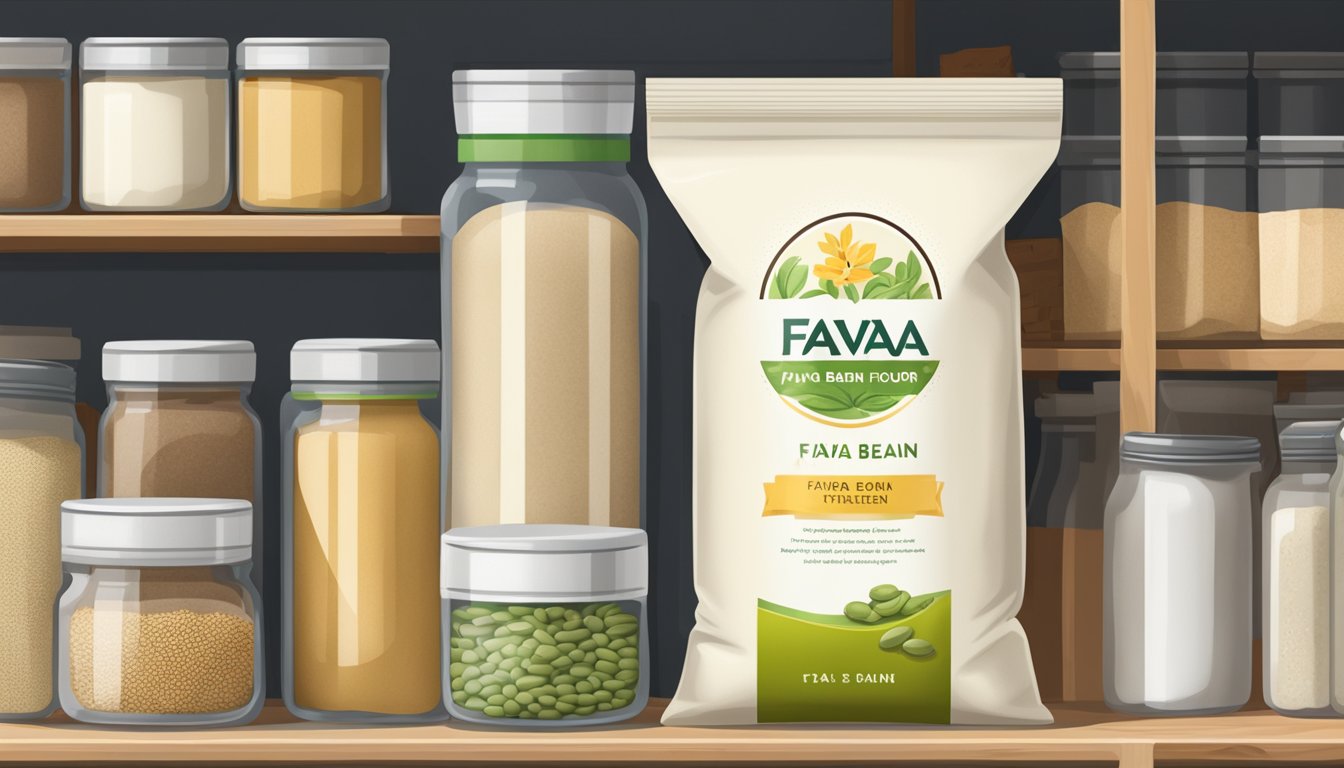 A sealed bag of fava bean flour sits on a clean, organized pantry shelf with other dry goods