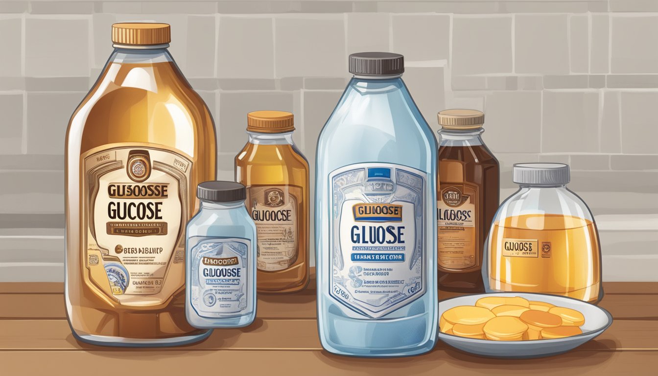 A bottle of glucose syrup sits next to other syrup bottles, with a magnifying glass examining its label for expiration date