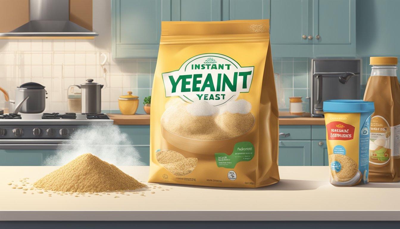 A bag of instant yeast sits on a kitchen counter, with a cloud of mold rising from the open package. A nearby person wrinkles their nose in disgust