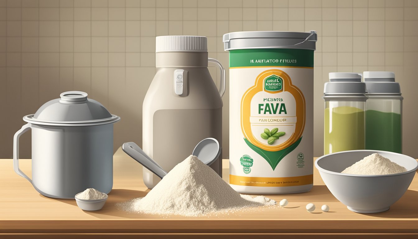 A bag of fava bean flour sits on a kitchen counter next to a mixing bowl and measuring cups. The flour is sealed and free of any visible signs of spoilage