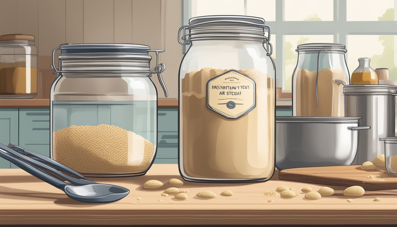 A jar of instant yeast sits on a kitchen counter, surrounded by measuring spoons and a mixing bowl. The lid is slightly ajar, and a faint aroma of fermentation fills the air