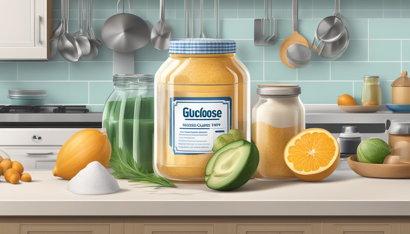 A jar of glucose syrup sits on a kitchen counter, surrounded by various cooking ingredients. The label on the jar indicates the expiration date