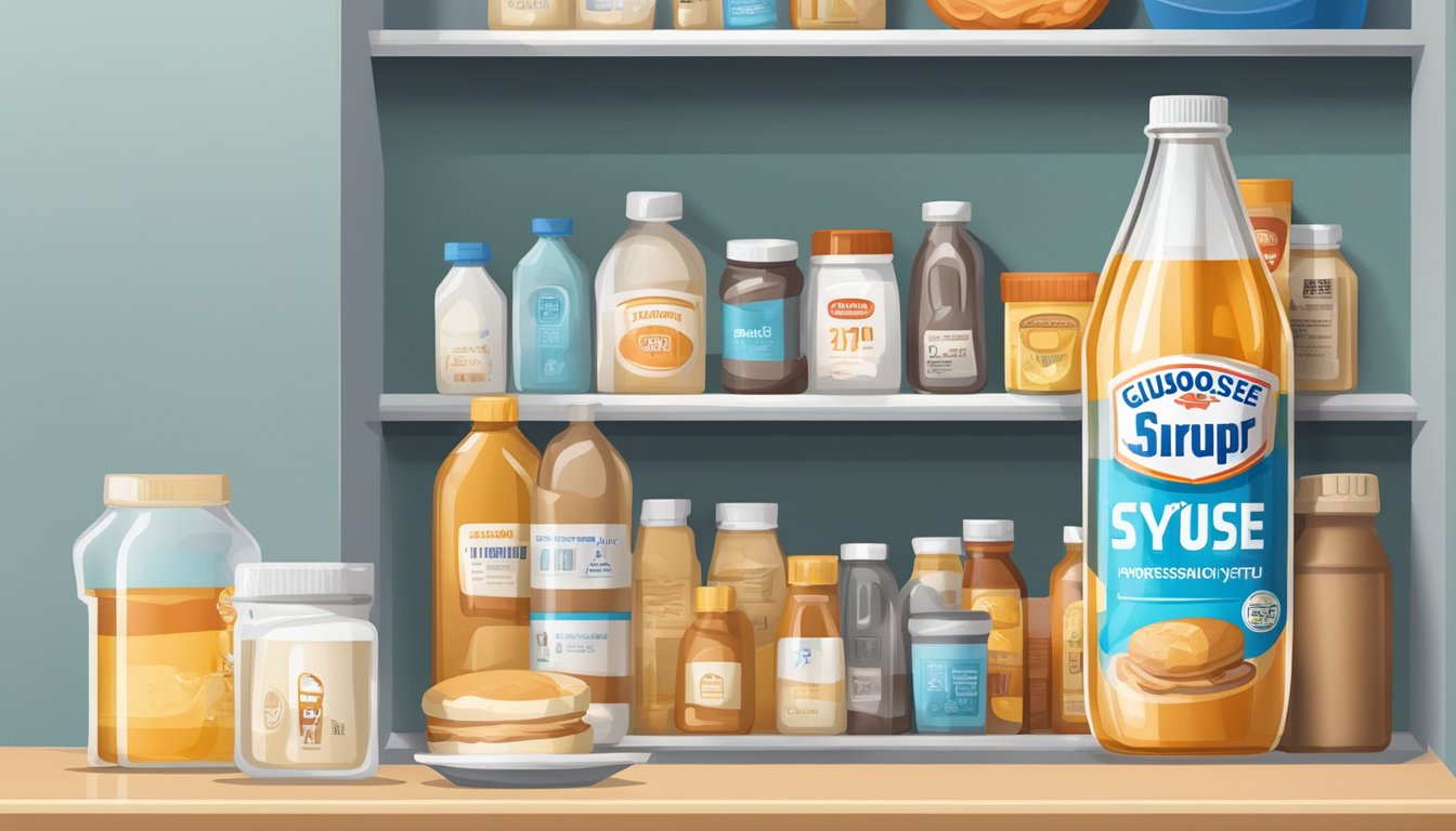 A bottle of glucose syrup sits on a shelf, surrounded by various food items. The label indicates the expiration date, with a clear and unopened cap