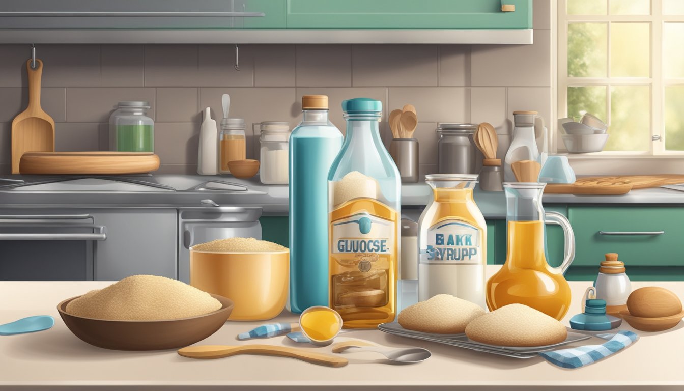 A kitchen counter with various baking ingredients and utensils, including a bottle of glucose syrup, surrounded by industrial baking equipment