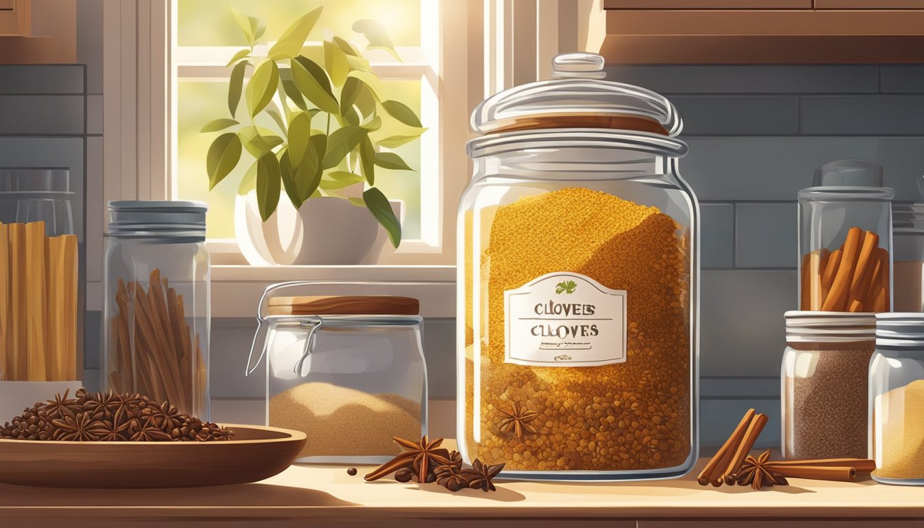 A jar of cloves sits on a kitchen shelf, surrounded by other spices. Sunlight streams through the window, casting a warm glow on the glass jar