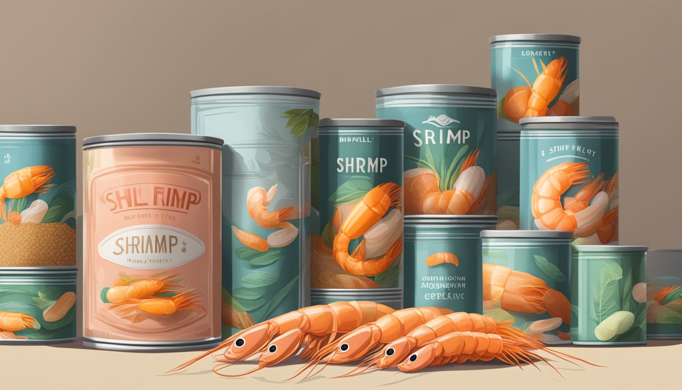 A can of shrimp sits on a dusty shelf, surrounded by other expired canned goods