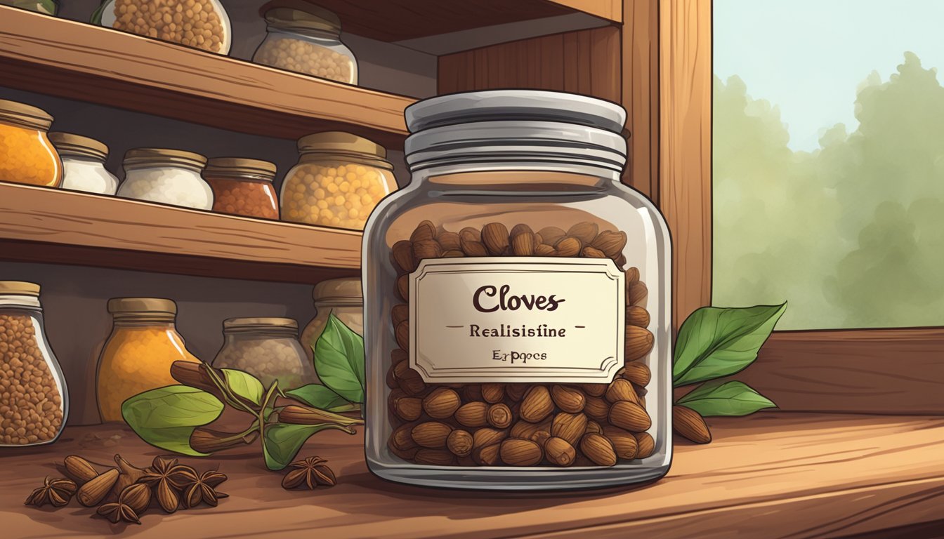 A glass jar of cloves sits on a wooden shelf, surrounded by other spices. The label on the jar indicates the expiration date