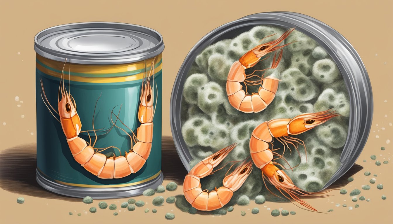 An open can of shrimp surrounded by mold and a foul odor