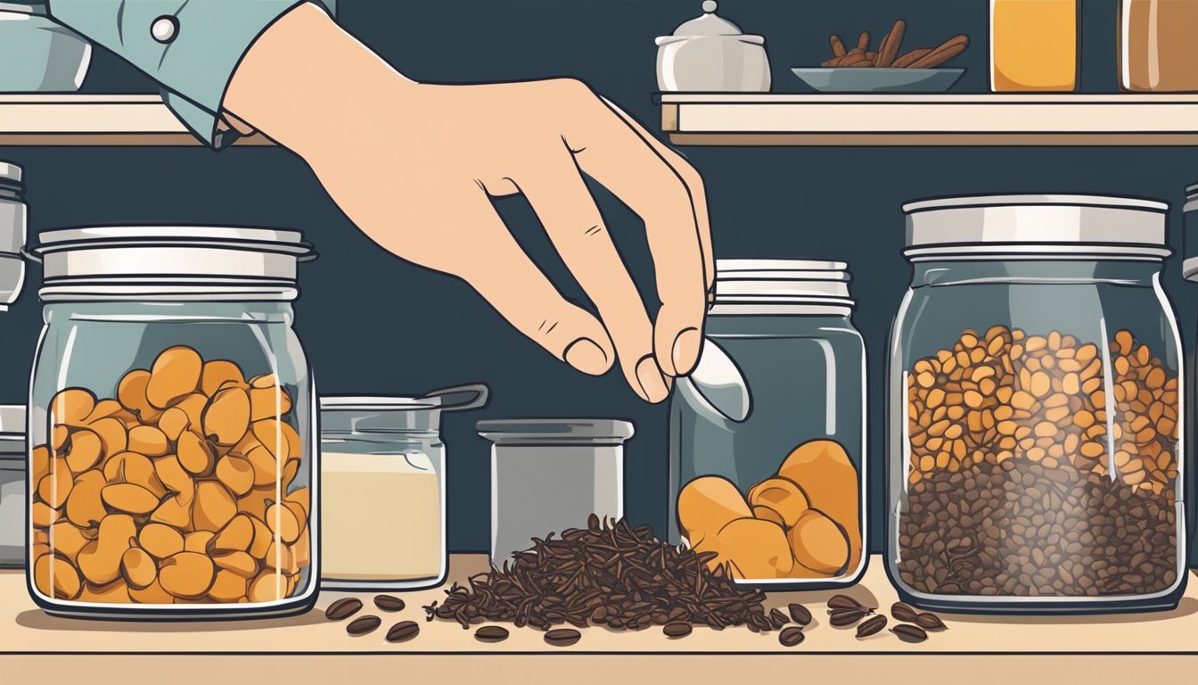 A hand reaching for a jar of cloves in a well-stocked pantry, with various cooking utensils and ingredients visible in the background