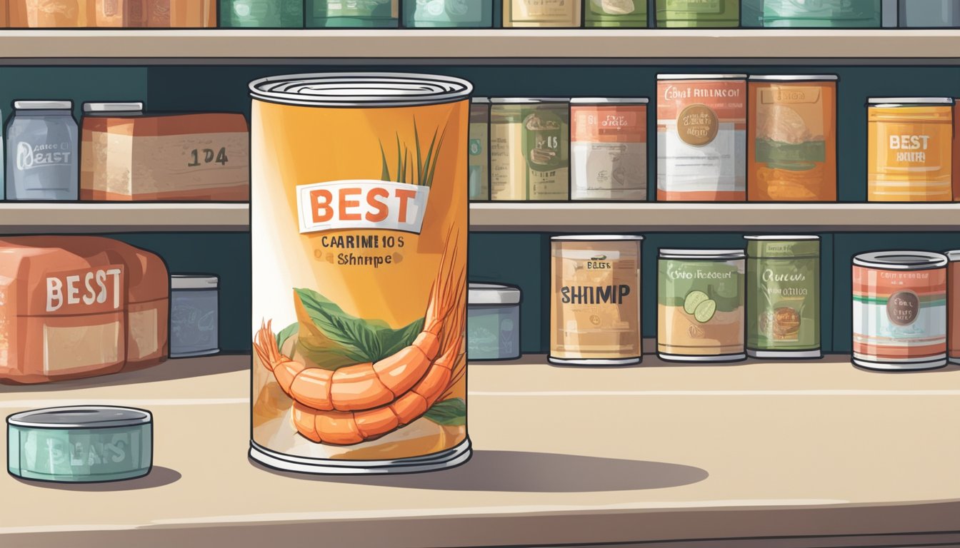 A can of shrimp sits on a shelf with a "best by" date visible. Other canned goods surround it in a pantry