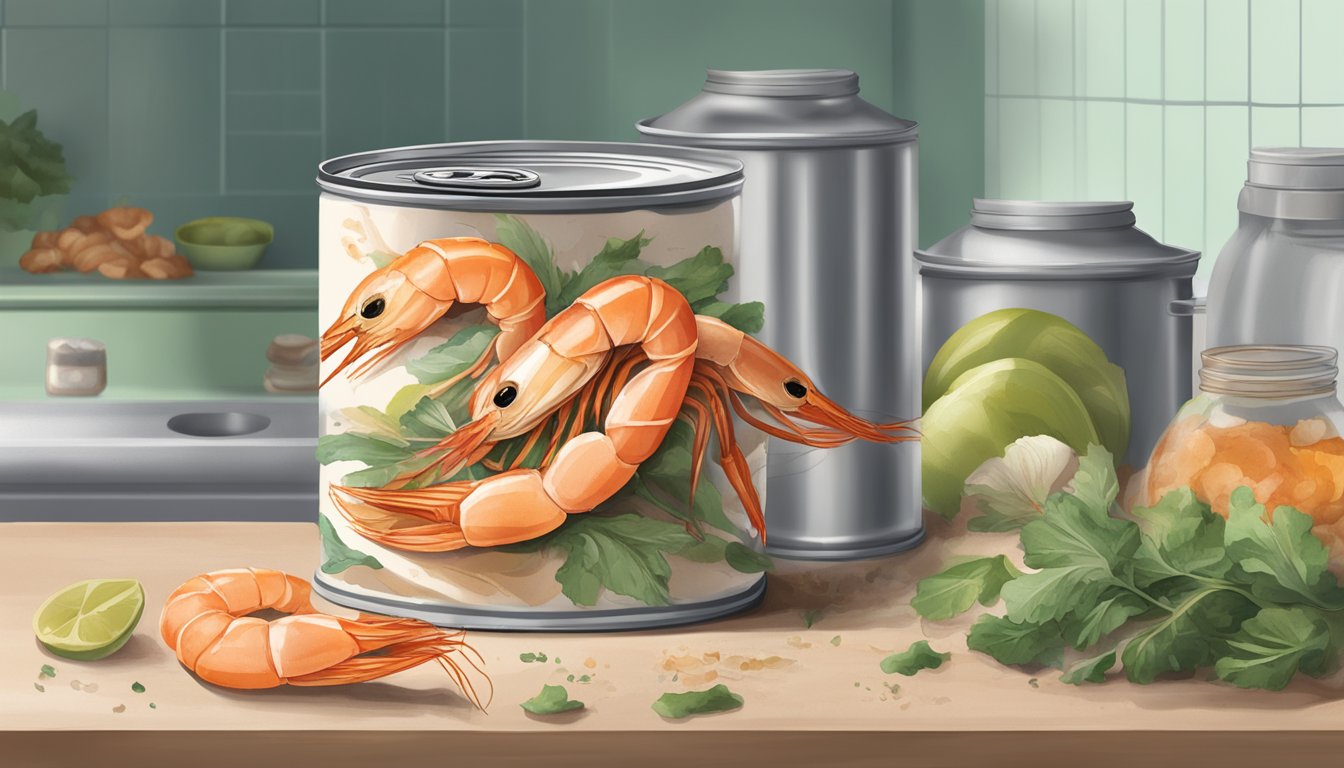 A can of shrimp sits on a kitchen counter, surrounded by discarded food scraps. The can is dented and dusty, with a faded expiration date