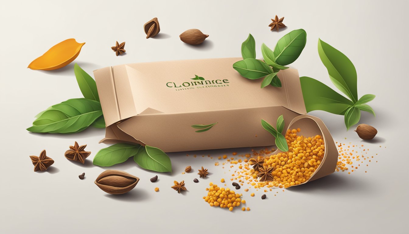 A pile of cloves spills out of a torn package, surrounded by vibrant green herbs and a scattering of whole spices on a clean, white countertop