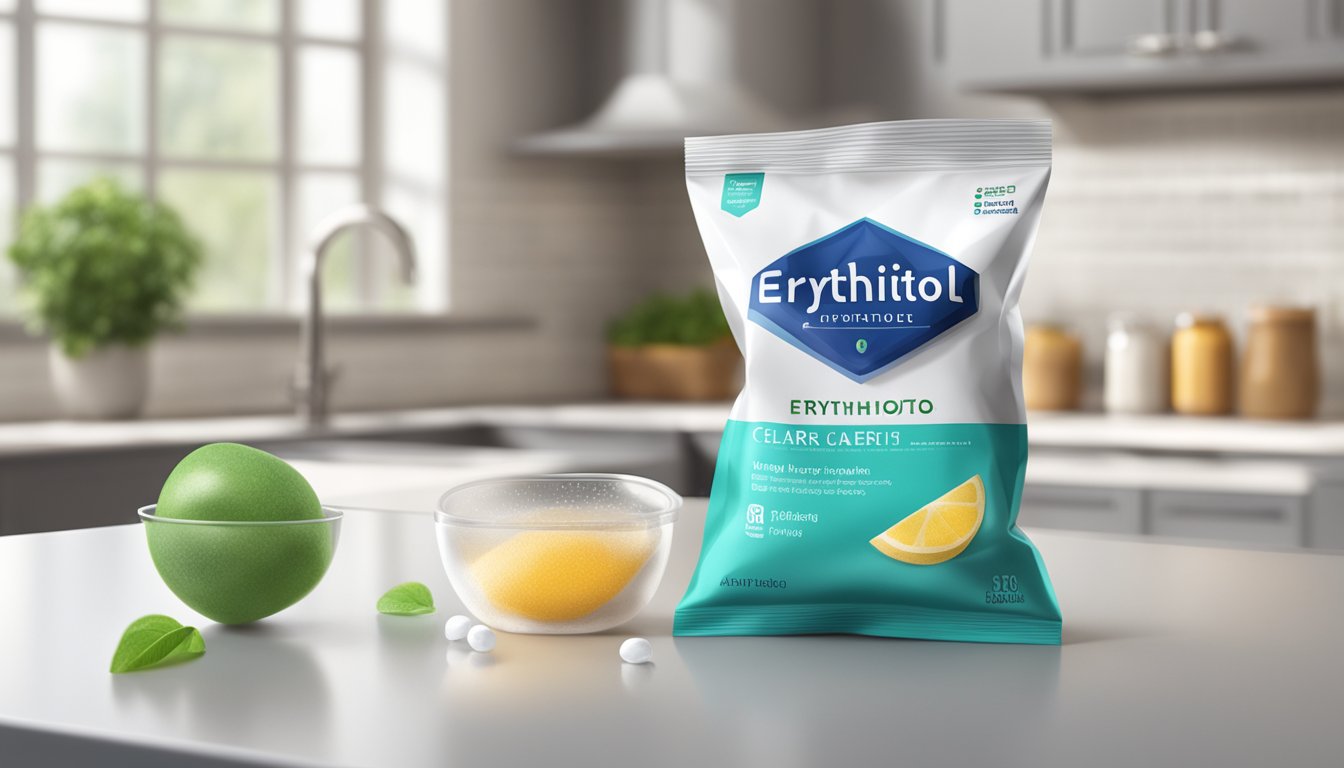 A clear, unopened bag of erythritol sits on a clean, well-lit kitchen counter