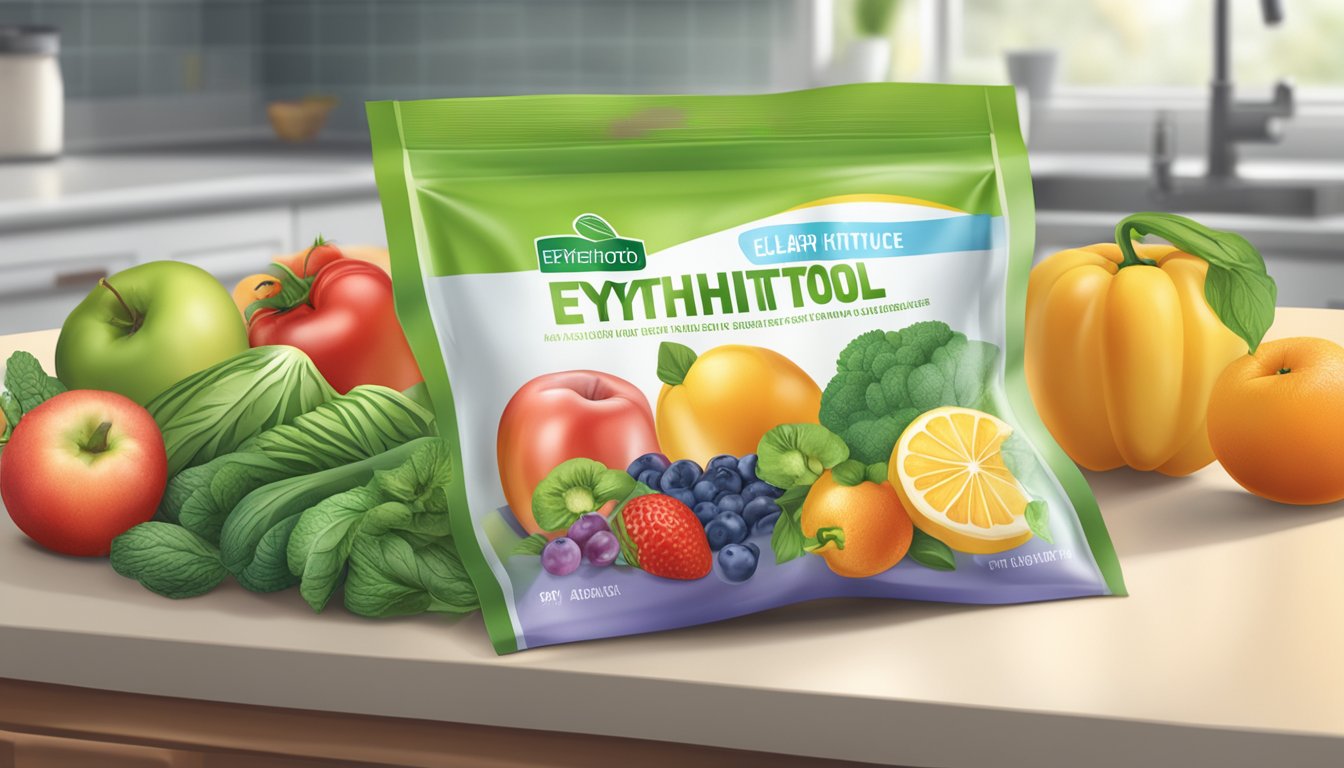 A clear, unopened bag of erythritol surrounded by fresh, healthy fruits and vegetables on a clean kitchen counter