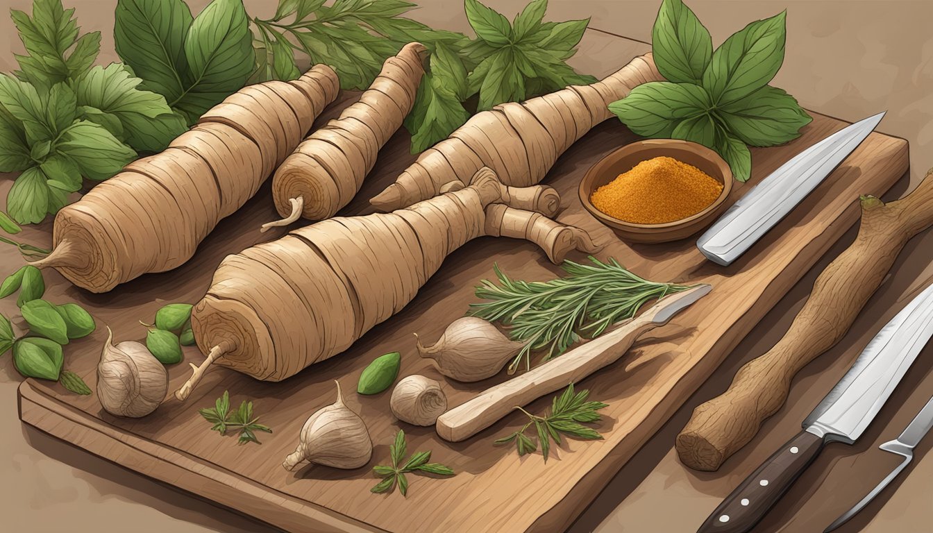 A fresh galangal root sits on a cutting board, surrounded by a knife and various herbs and spices