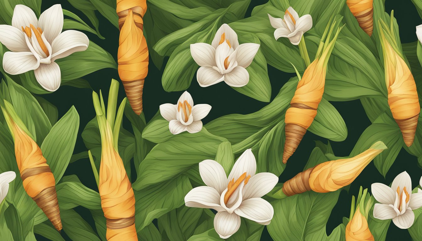 A vibrant illustration of galangal and its relatives, showcasing their unique shapes, colors, and textures, with a focus on their fresh and healthy appearance