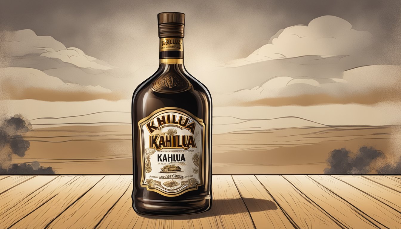 A bottle of Kahlua sits on a shelf, with a cracked and discolored label. The liquid inside appears cloudy and separated, with a foul odor emanating from the bottle