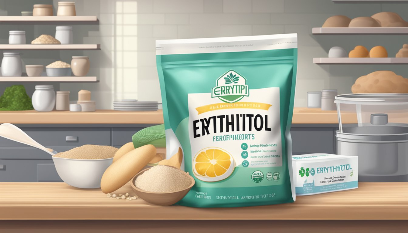 A clear, unopened bag of erythritol with an FDA approval stamp sits on a shelf next to other baking ingredients