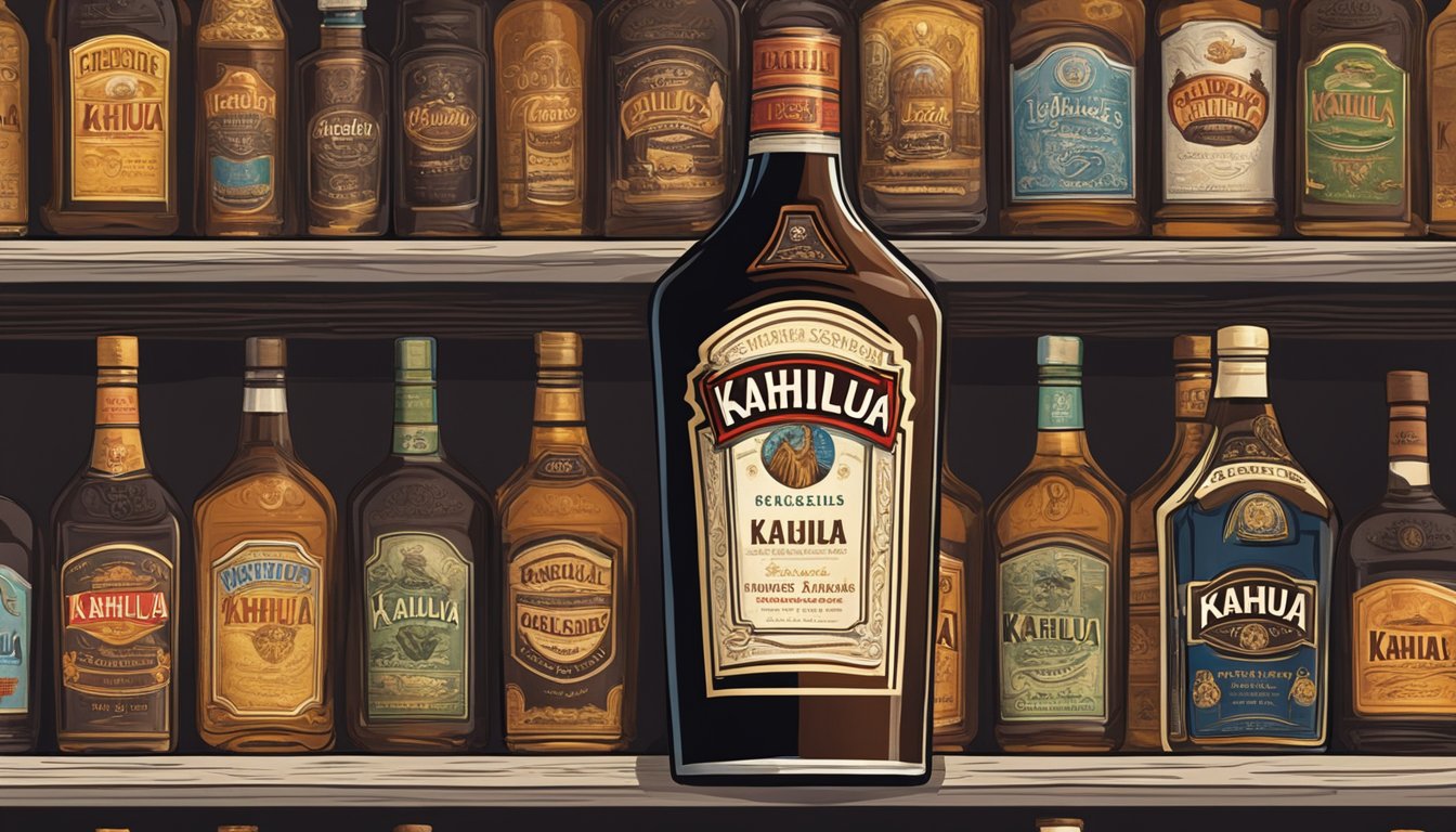 A bottle of Kahlua sits on a shelf, surrounded by other liquors. The label is slightly worn, hinting at its age