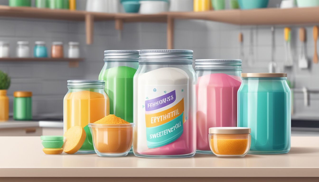 A glass jar of erythritol sits on a kitchen counter, surrounded by various sugar alcohols and alternative sweeteners in colorful packaging