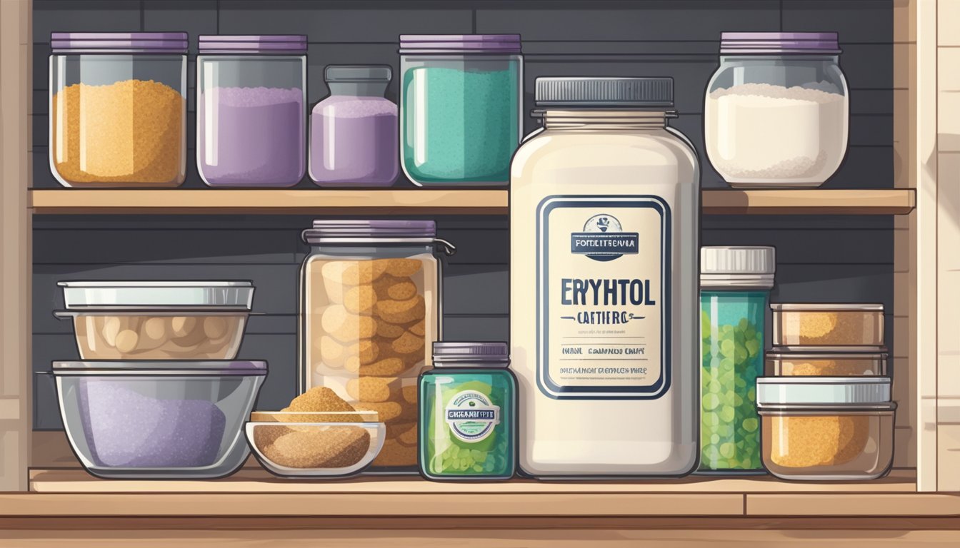 A sealed container of erythritol sits on a pantry shelf next to other baking ingredients. The room is cool and dry, with no direct sunlight