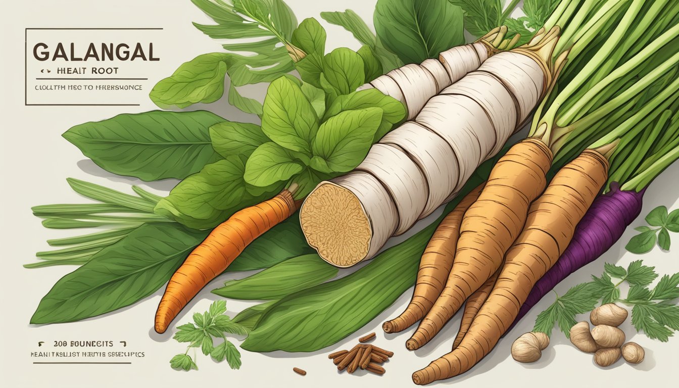 A vibrant galangal root surrounded by fresh herbs and spices, with a label indicating its health benefits and nutritional value