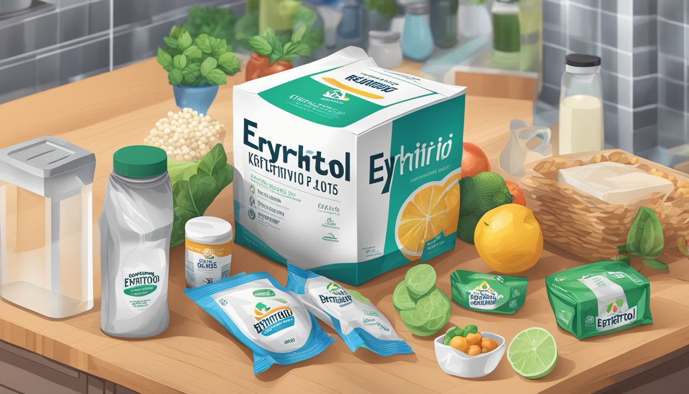 A bag of erythritol sits on a kitchen counter, surrounded by various food items. The label indicates it has not expired