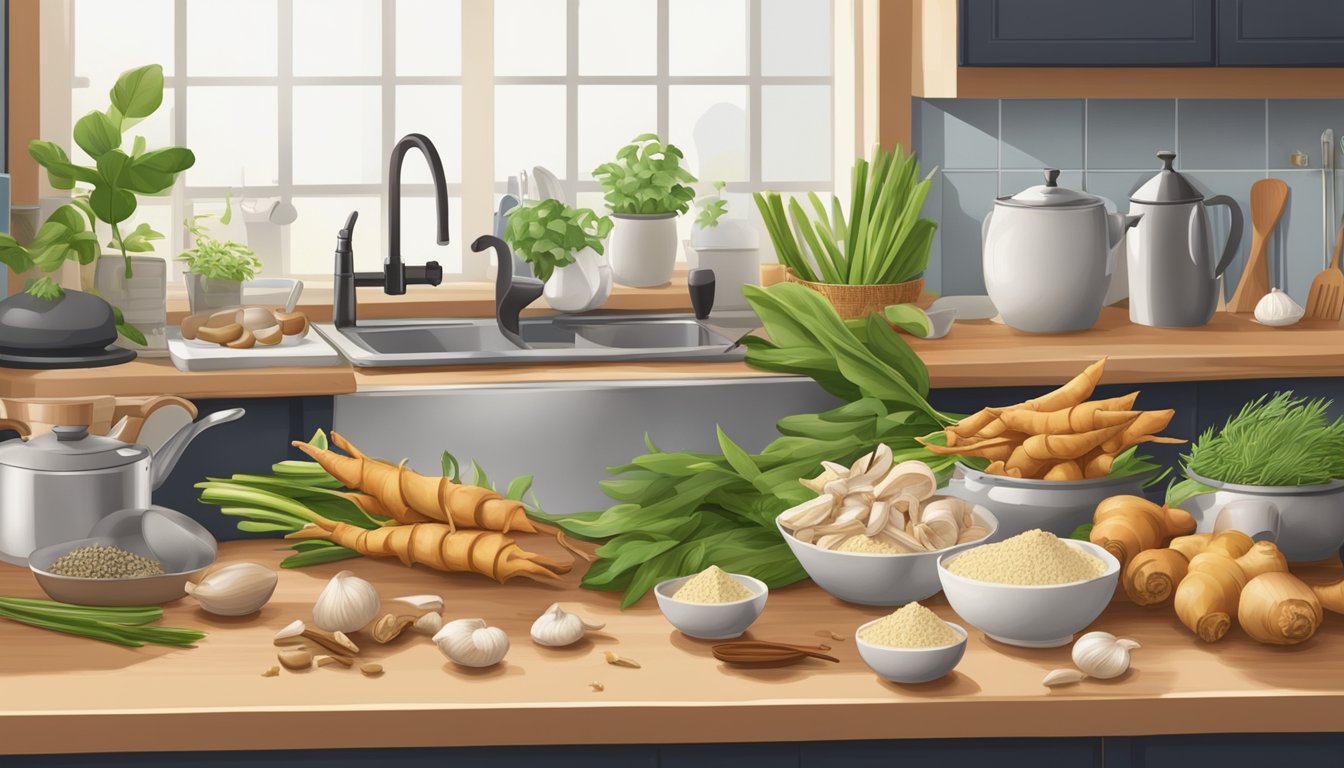 A pile of fresh galangal sits on a kitchen counter, surrounded by various cooking ingredients and utensils. A calendar on the wall indicates the current date