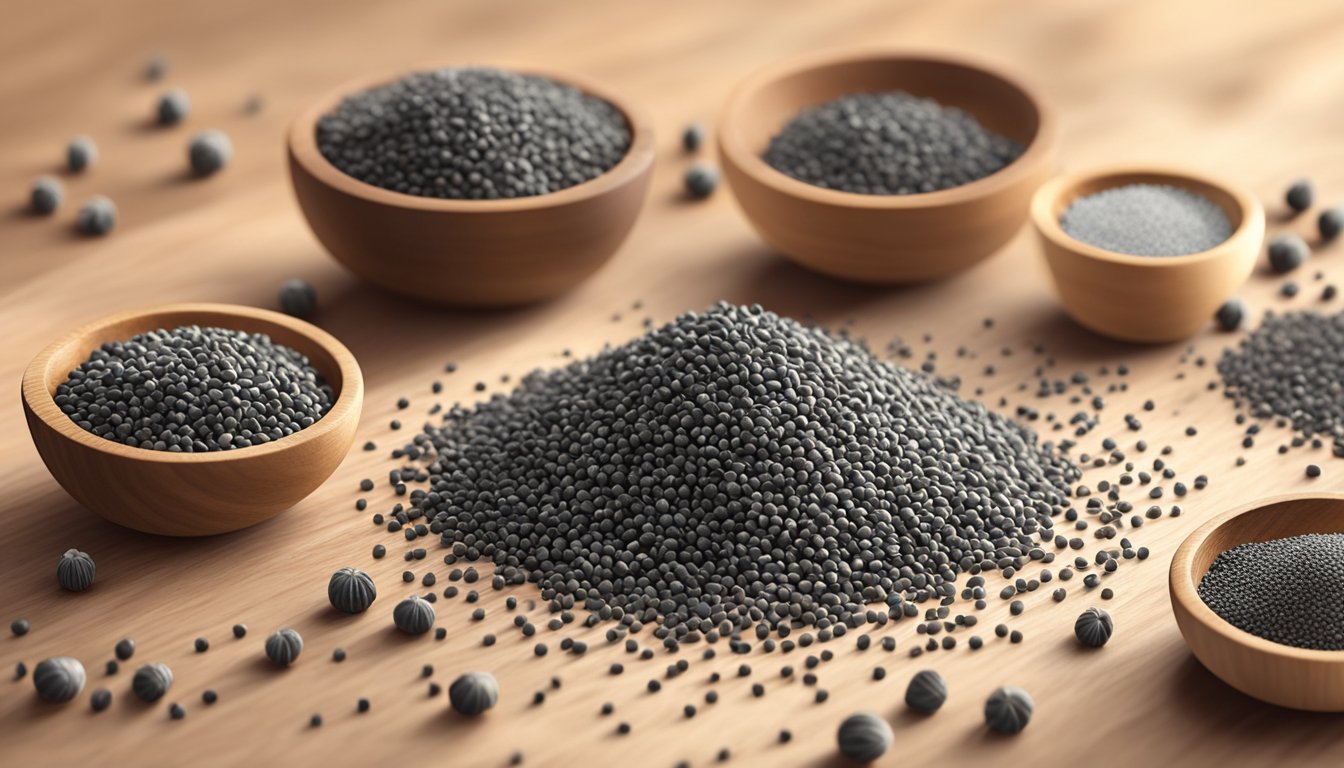 A pile of poppy seeds scattered on a wooden cutting board, some spilling onto the table. A few seeds are in a small bowl