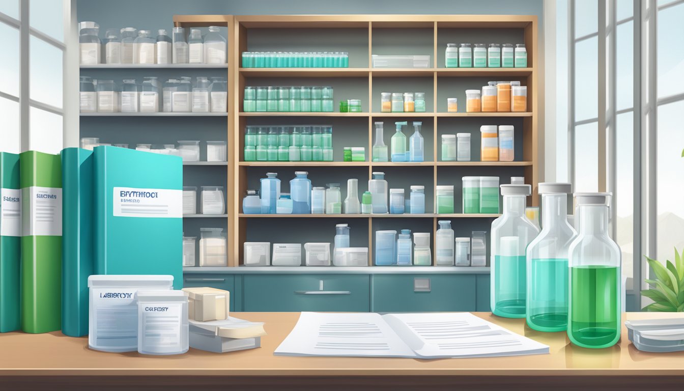 A laboratory setting with shelves of Erythritol containers and a global health policy document on a desk