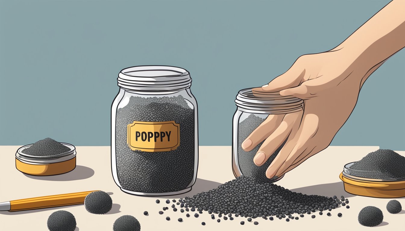 A hand reaching for a jar of poppy seeds, examining the expiration date on the label. Nearby, a pile of discarded, spoiled poppy seeds